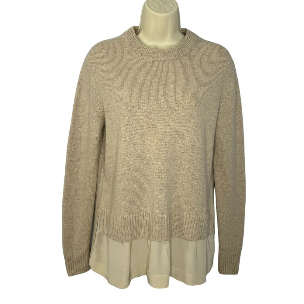 JOSEPH Wool Cashmere Crew Neck Sweater with Silk Undershirt Trim Tan Classic S